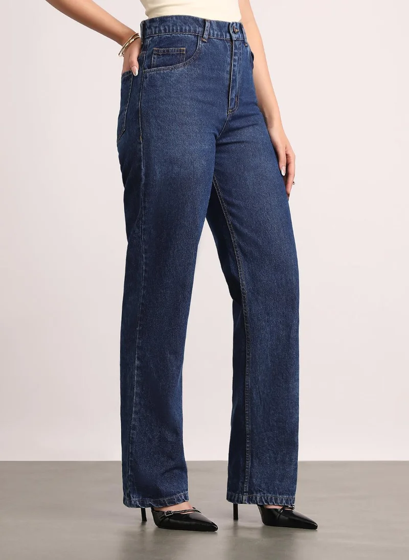 Urbano Fashion  Urbano Fashion Women's Dark Blue High Rise Straight Fit Washed Jeans Non-Stretchable for Women | Best Price UAE